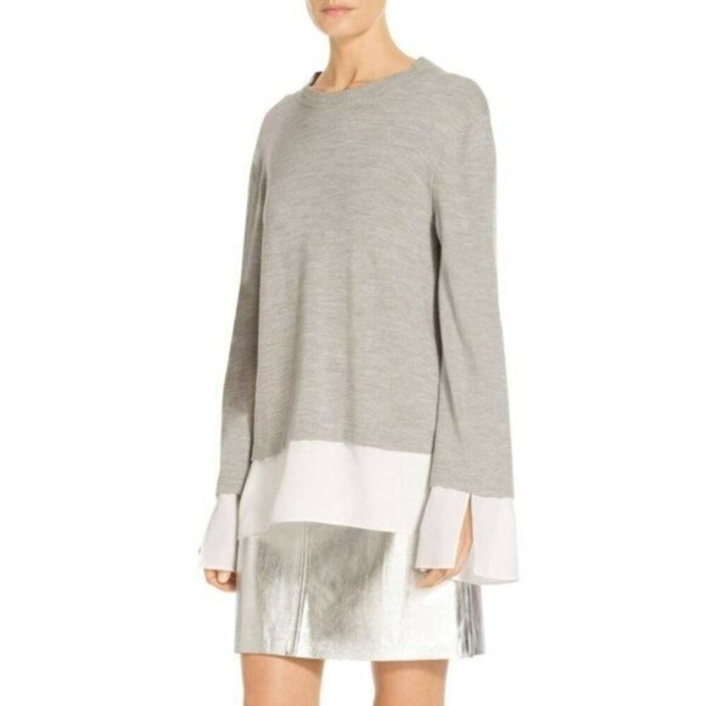 ST. JOHN Sweater Grey Wool Silk Contrast Tie Back Pullover Knit Top SZ P NEW